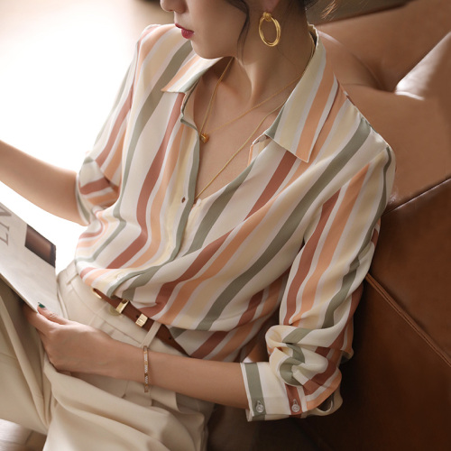 Striped shirt top women's long-sleeved spring wear new niche retro silk mulberry silk shirt women's slimming