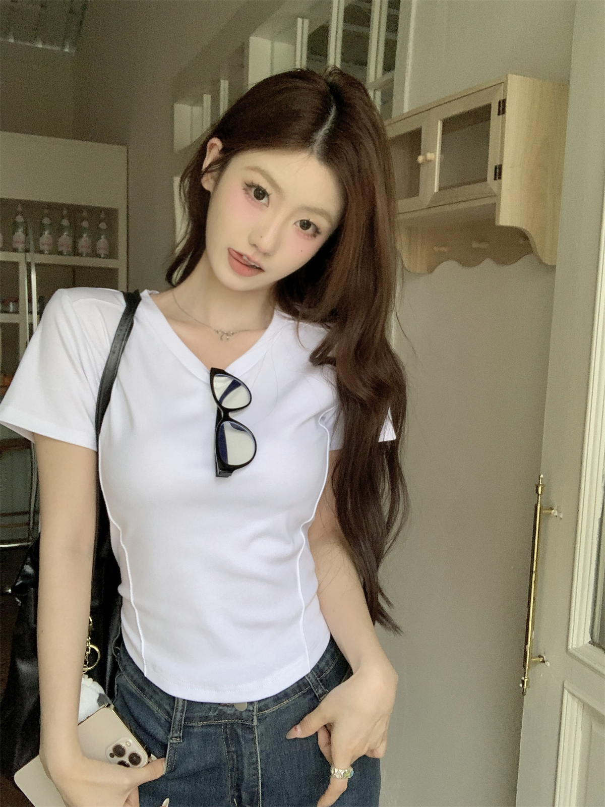 實拍 夏季韓版v領修身正肩魚骨設計感純棉百搭短袖T恤上衣