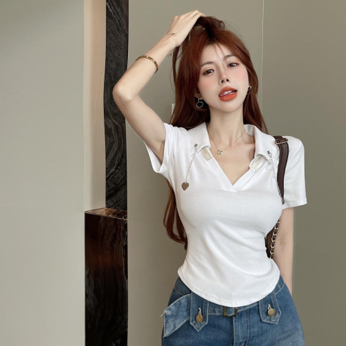 Slim right shoulder polo collar short sleeve t-shirt for women summer irregular hot girl slim short chic top ins trend