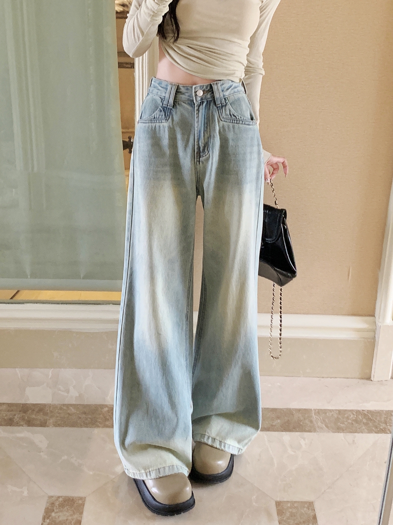 Actual shot#Loose straight denim trousers for women, designed washed retro light-colored wide-leg floor-length trousers