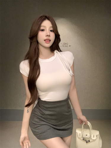 Actual shot~Scarf collar short-sleeved T-shirt, feminine, fashionable and versatile, bust-revealing and slim-fitting top
