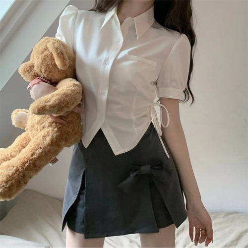 White lace-up waist short-sleeved shirt for women summer 2024 new design niche chic unique short top