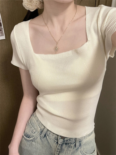 Real shot of temperament Korean versatile square neck sweater for women summer solid color slim-fitting short-sleeved top