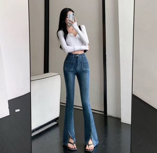 Retro high-waisted blue slit micro-flare sweet and cool style pants for small women slimming front pocket stretch jeans