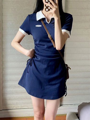 2024 new style small French draped polo dress women's summer college style hot girl hip skirt