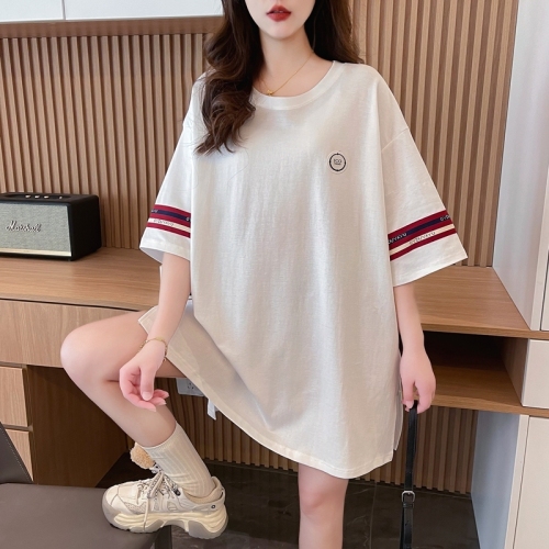 Actual shot of pure cotton 200 grams, back collar, mid-length contrasting color round neck short-sleeved T-shirt for women, loose summer top