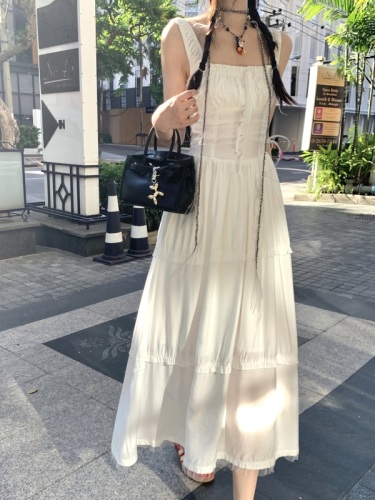 Actual shot~Summer Korean style gentle style first love pure desire square neck suspender small white skirt temperament dress long skirt