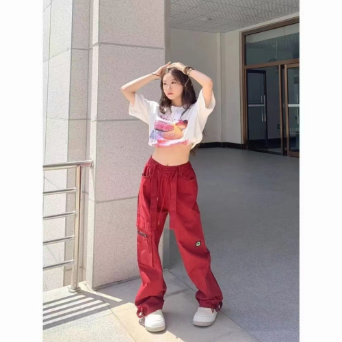 Red overalls ins trendy large pockets functional loose straight pants Korean style wide-leg retro overalls wide-leg pants