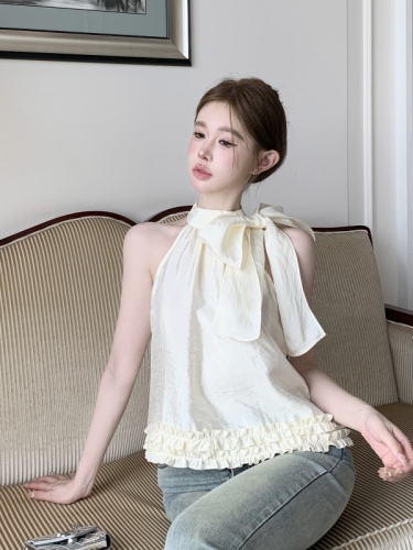Summer new style bow halter neck shoulder vest feminine slimming flower sleeveless shirt real shot
