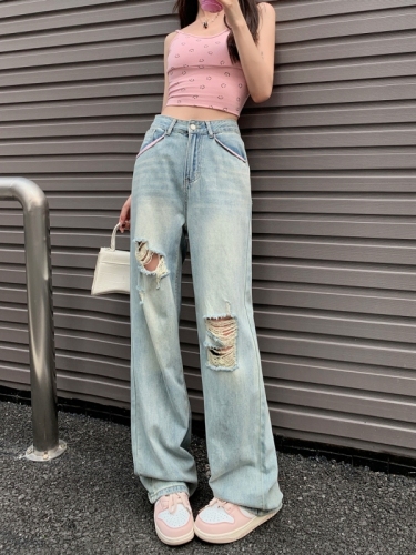 Actual shot#High-waisted wide-leg jeans for women, designer pink decorative loose straight ripped floor-length pants