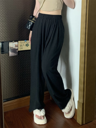 Real shot of Japanese style lazy wide-leg pants, high-waisted, slim and drapey, loose casual straight-leg Yamamoto pants
