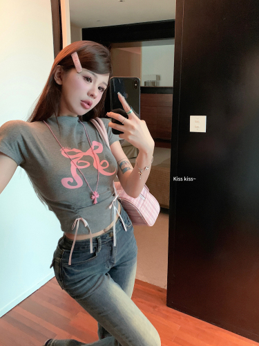 Real shot of Dorothy Sweetheart Bow Printed Right Shoulder Short Sleeve Hot Girl T-Shirt Summer Slim Fit Top for Women