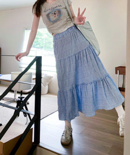 Real shot of spliced ​​plaid skirt women's mid-length summer new high-waisted cake skirt A-line long skirt