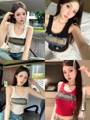 Actual shot ~ denim embroidered patch vest, designer bra-free suspender straps, versatile outer top