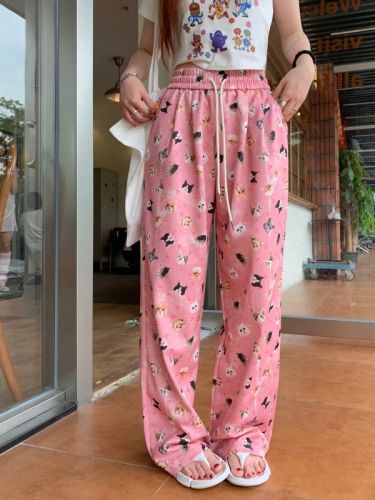 Real shot 2024~Puppy and cat printed sweatpants drawstring elastic waist casual wide leg pants