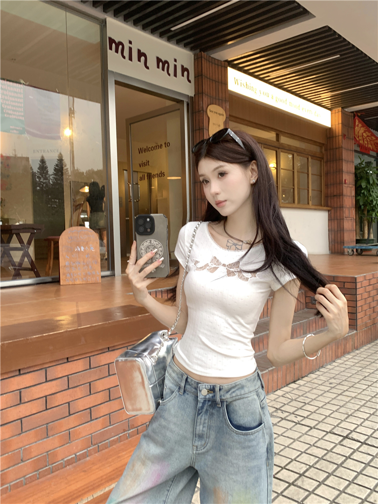 Real shot~Tea style sweetheart slim-fitting bow hollow lace embroidery right shoulder women's waist-cinching short-sleeved top
