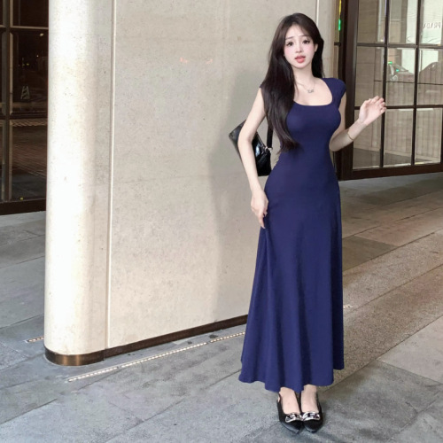 新款韩系a字裙子修身显瘦方领蓝色连衣裙女夏季法式气质短袖长裙