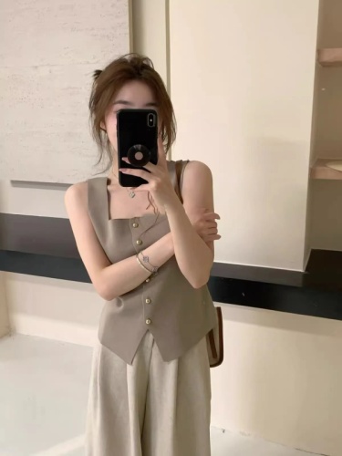 Square collar vest top for women summer new Korean style high-end pure lust style versatile slimming niche outer wear bottoming shirt