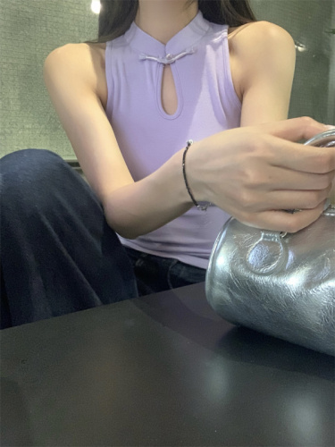 Actual shot of new Chinese style stand-up collar, plate-buttoned, hollow sleeveless vest, Chinese style, beautiful, tight-fitting, slim short top for women