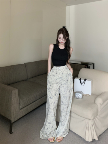 Real shot!  Ink print casual pants loose straight trousers drapey wide leg floor mopping pants
