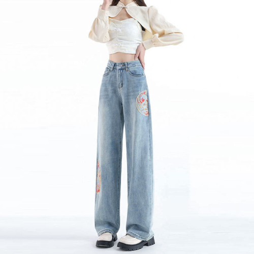 National style embroidery new Chinese style wide leg jeans for women spring high waist loose light color large size narrow straight pants ins