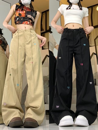 Photographed #Butterfly Knot Embroidery Women's Spring Summer High-Waisted Belted Straight Leg Loose Fitting Slimming Wide Leg Floor-Length Pants