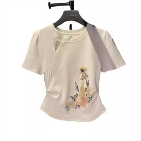 Original workmanship new Chinese style national style embroidered t-shirt women's short-sleeved 2024 summer new plate button short top