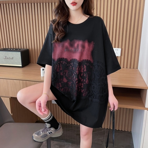 Actual shot of pure cotton 200 grams, back collar, mid-length spliced ​​lace short-sleeved T-shirt for women, loose summer top