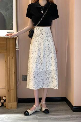 Actual shot ~ 2024 spring new floral skirt women's mid-length skirt high waist slimming elegant a-line skirt