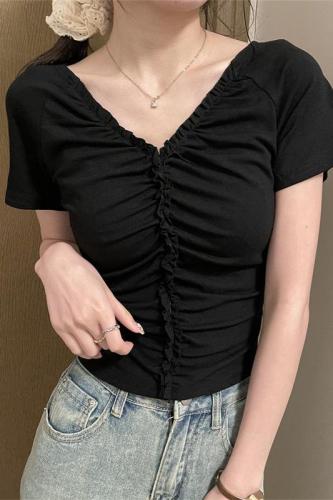 Real shot of pleated figure-showing top V-neck pullover slightly see-through elastic hot girl pure desire short-sleeved T-shirt for women