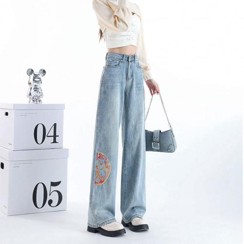 National style embroidery new Chinese style wide leg jeans for women spring high waist loose light color large size narrow straight pants ins