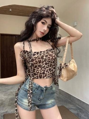 Real shot of summer savage hot girl style leopard print camisole female pure desire sleeveless stretchy ribbon chiffon top