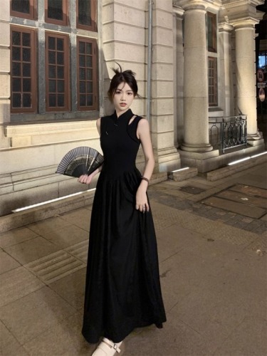 New Chinese style black suspender dress for women Xia Heben style high-end waist sleeveless vest long skirt