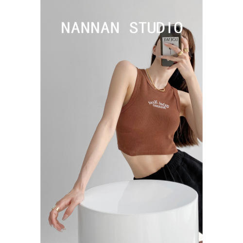 Official Photo Hot Girl Style Retro Letter Embroidered Sleeveless Vest Women's Short Navel Revealing I-Type Bottoming