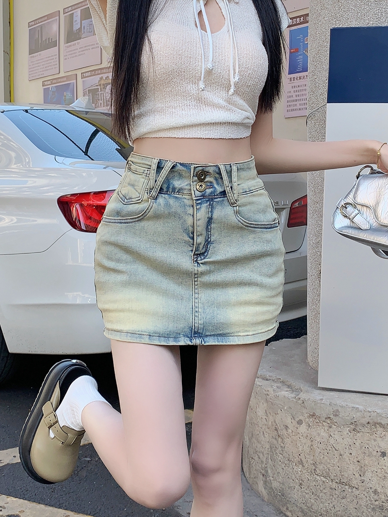Real shot#High-waisted denim skirt and culottes for women. Designed washable anti-exposure A-line hip-hugging short skirt.
