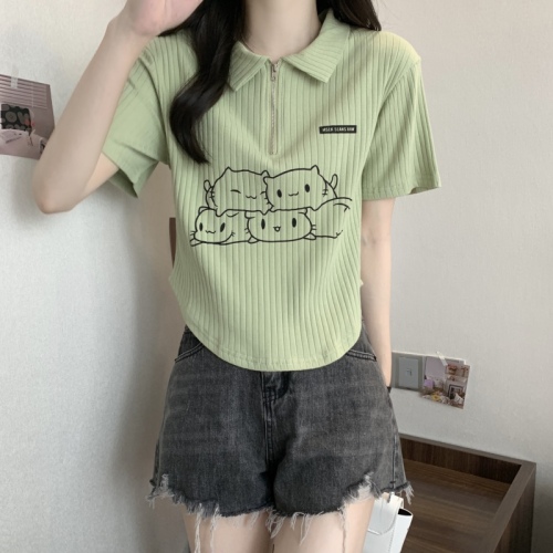 Large size polo shirt slightly fat shoulder t-shirt for women with summer fat mm design short belly-covering slimming top