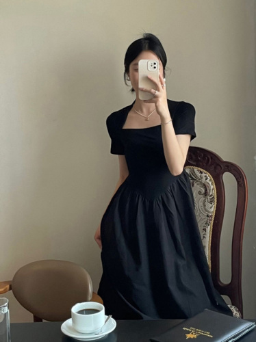 Real shot of French square neck high waist black dress with short sleeves and long skirt