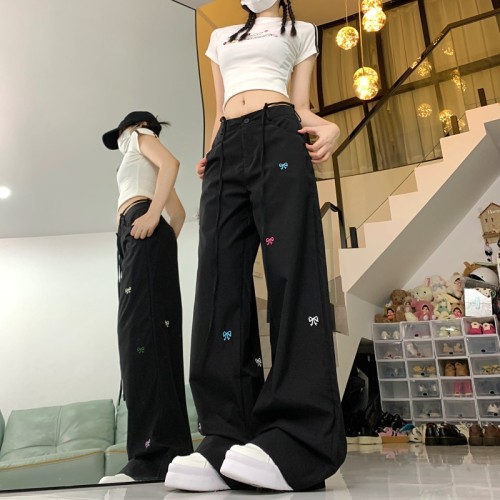 Photographed #Butterfly Knot Embroidery Women's Spring Summer High-Waisted Belted Straight Leg Loose Fitting Slimming Wide Leg Floor-Length Pants