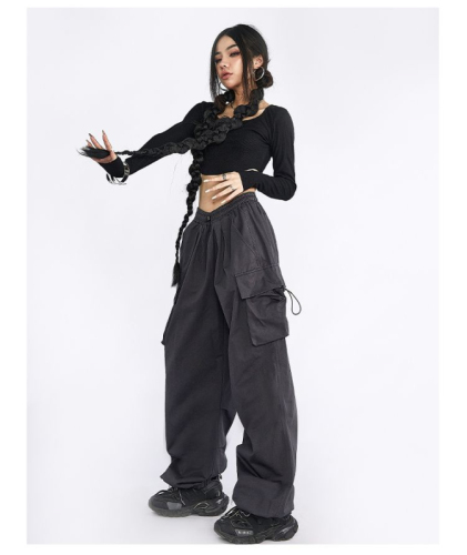 American gray overalls for women summer thin casual loose retro high street jazz straight casual sports pants