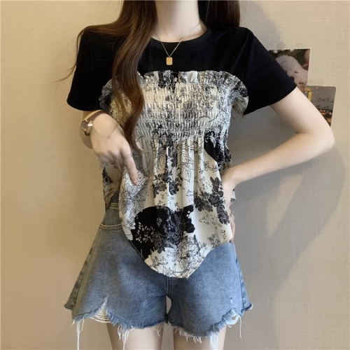 Original workmanship new summer style 2024 plus size women's French casual irregular shoulder short-sleeved versatile T-shirt