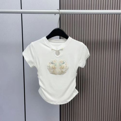 2024 summer new style new Chinese style design short embroidered buckle chic versatile slim T-shirt tops for women