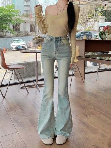 Actual shot #New high-waisted slightly flared denim trousers for women with heart-shaped back pockets and wide-leg floor-length mopping trousers