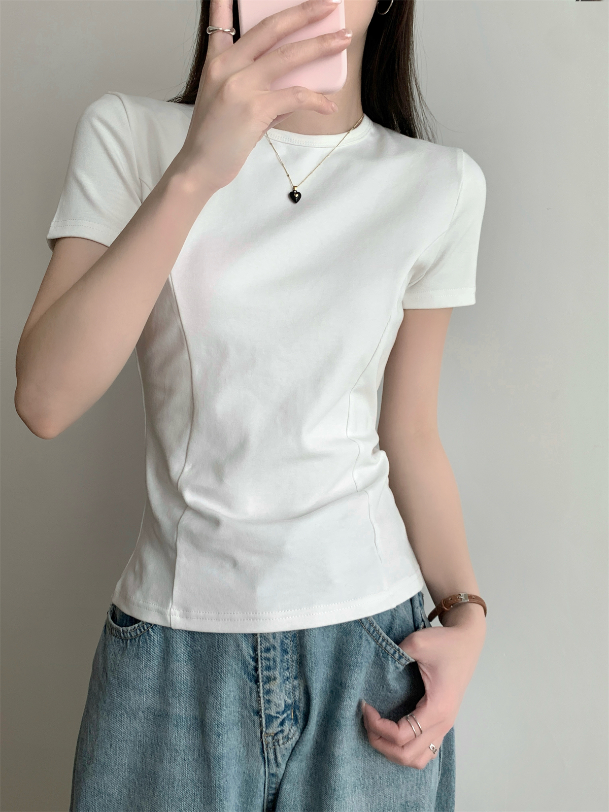 實拍 夏季韓版圓領正肩純色魚骨顯瘦百搭純棉短袖上衣T恤女