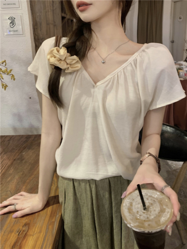 Real shot!  Korean simple and gentle temperament v-neck pleated top for women, versatile loose slimming short-sleeved top