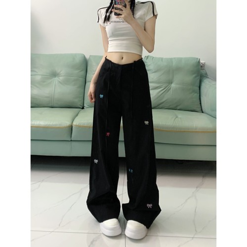 Photographed #Butterfly Knot Embroidery Women's Spring Summer High-Waisted Belted Straight Leg Loose Fitting Slimming Wide Leg Floor-Length Pants
