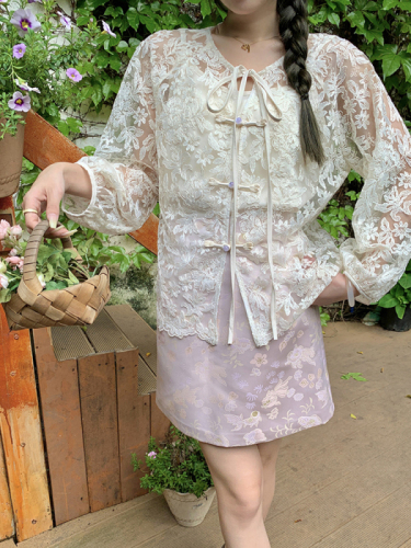Actual shot of hollow flower embroidered tulle cardigan top, satin jacquard skirt, new Chinese suit