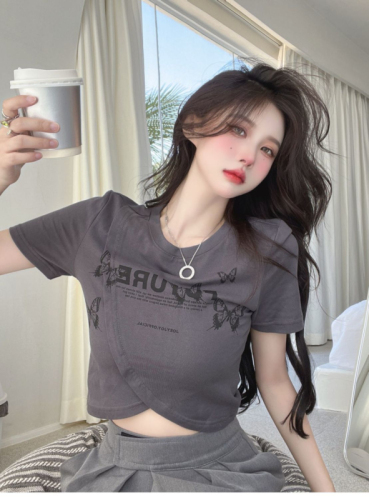 Combed cotton pull-up summer new irregular round neck short-sleeved T-shirt women's slim fit pure desire design top