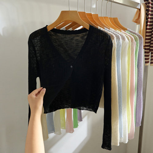 Knitted ice silk cardigan short long-sleeved summer spring and autumn outdoor air-conditioning shirt sun protection clothing small shawl top women's blouse