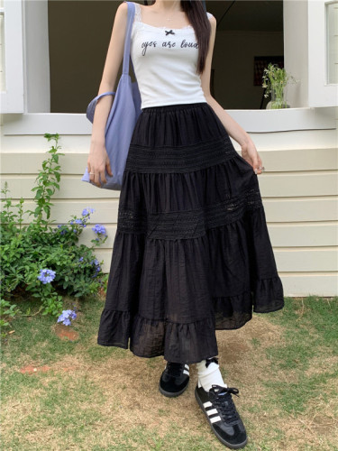 Actual shot of 2024 spring and summer new style gentle style hollow stitching high waist temperament versatile solid color A-line skirt