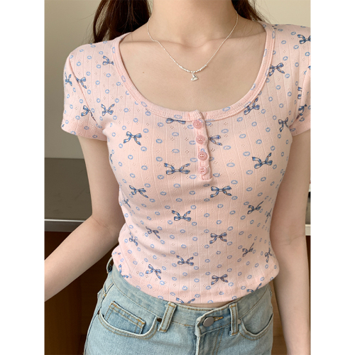 Real shot of sexy pure lust style floral breasted short-sleeved T-shirt for women bm slim fit short top 2024 summer